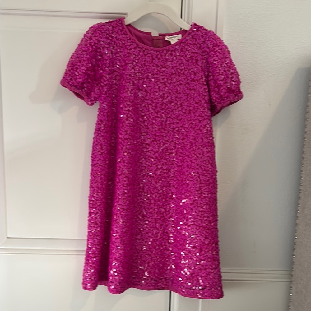 Crewcuts Pink Sequin A-line Dress with Puff Sleeves